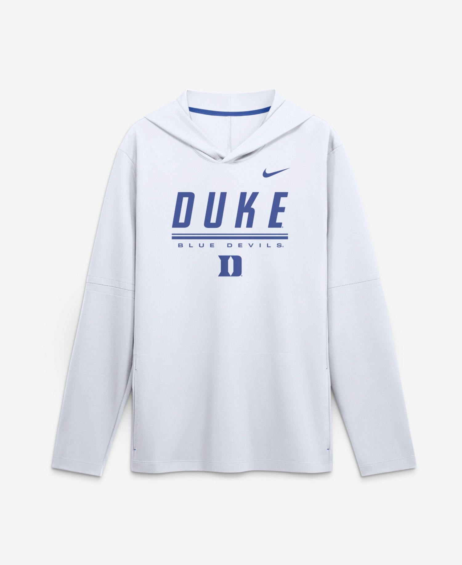 Men's White Duke Blue Devils 2026 Sideline Lightweight Long Sleeve Hooded Dri-FIT T-Shirt