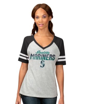 Women's Heather Gray Seattle Mariners Goal Line Raglan V-Neck T-Shirt