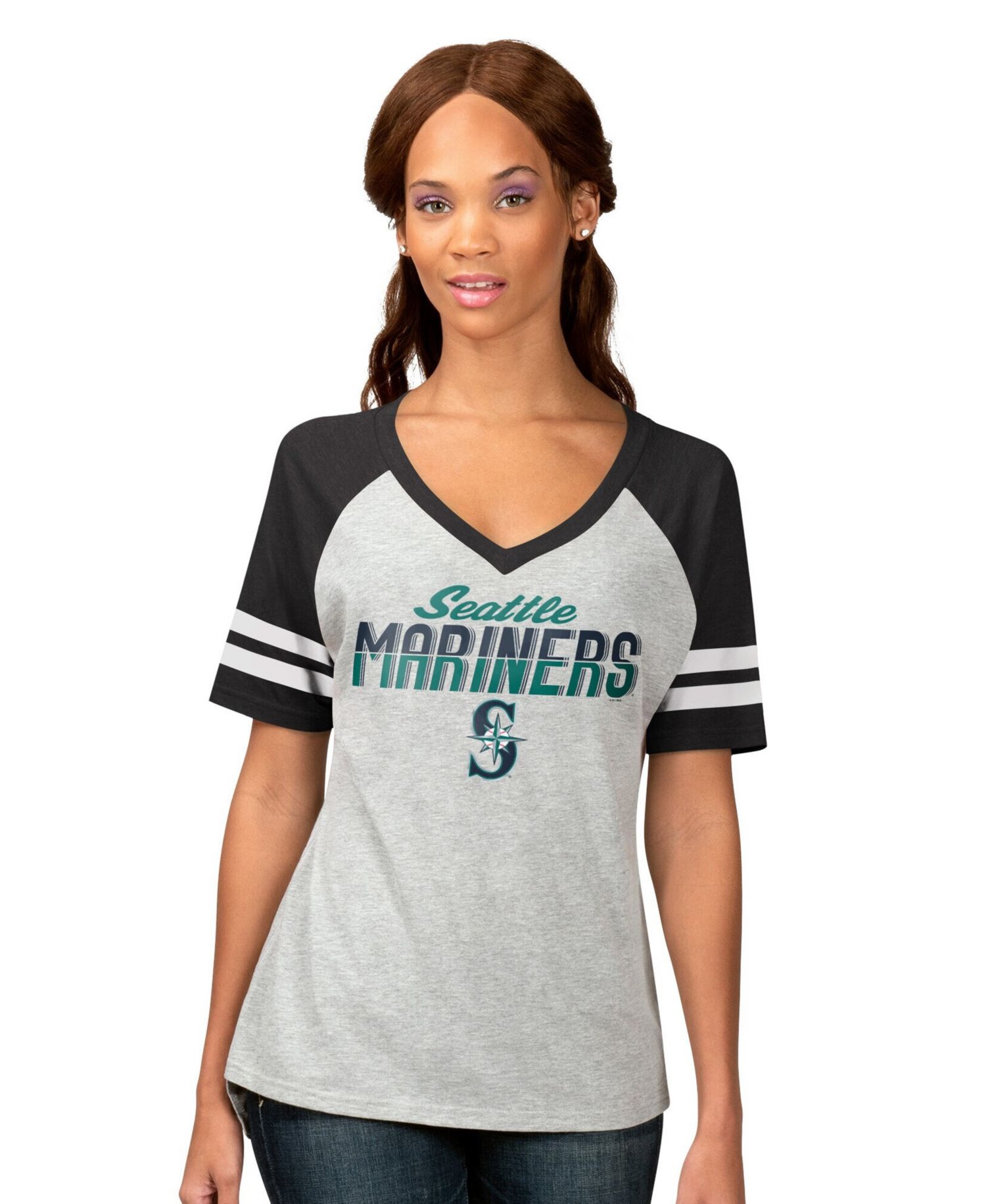 Women's Heather Gray Seattle Mariners Goal Line Raglan V-Neck T-Shirt
