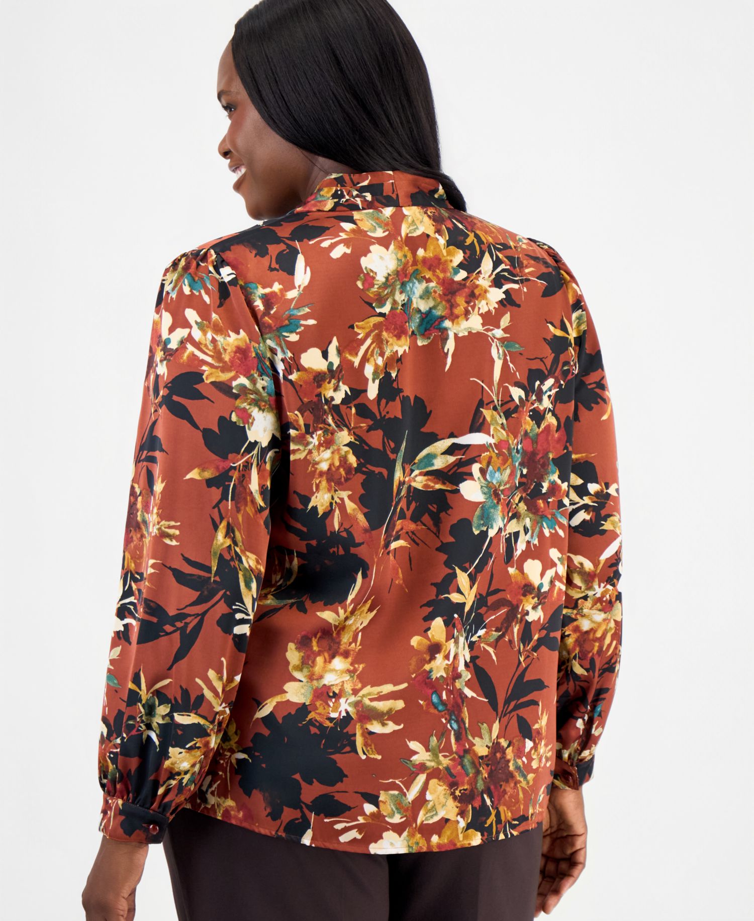 Plus Size V-Neck Pleated Shoulder Long-Sleeve Blouse