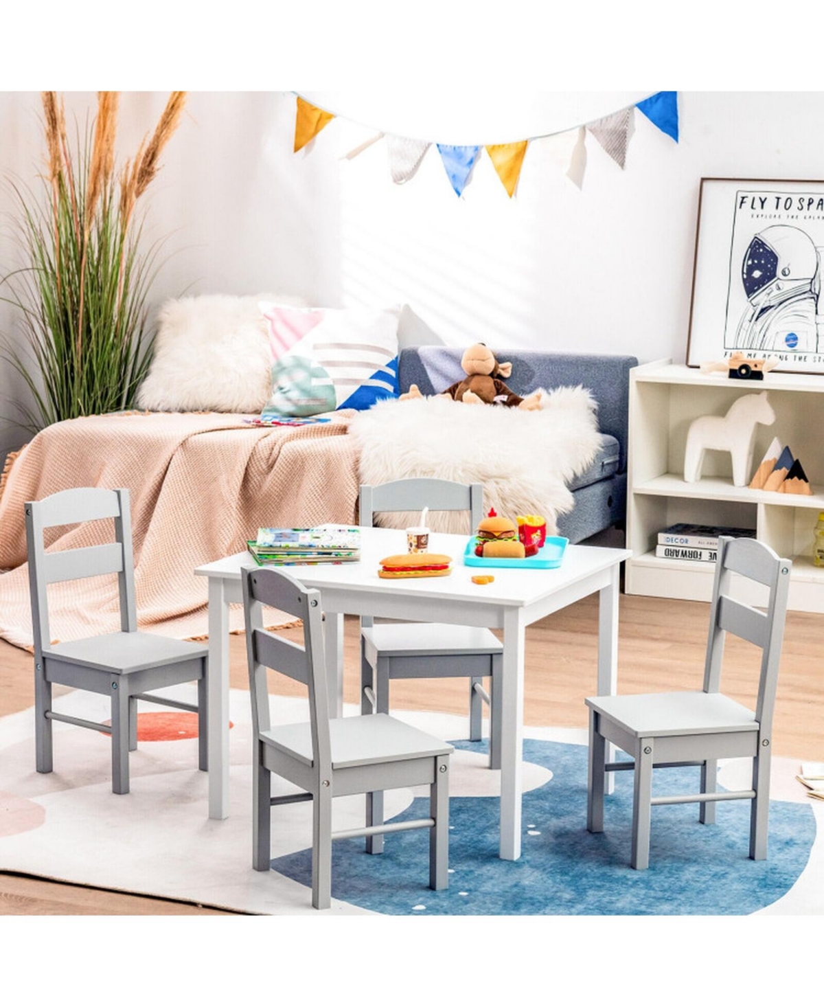 Gouun 5-Piece Kids Wood Table and Chair Set for Playroom