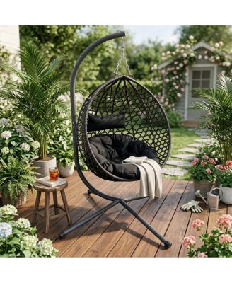Folding PE Rattan Outdoor Hanging Egg Chair with Stand, Patio Hammock Swing Chair