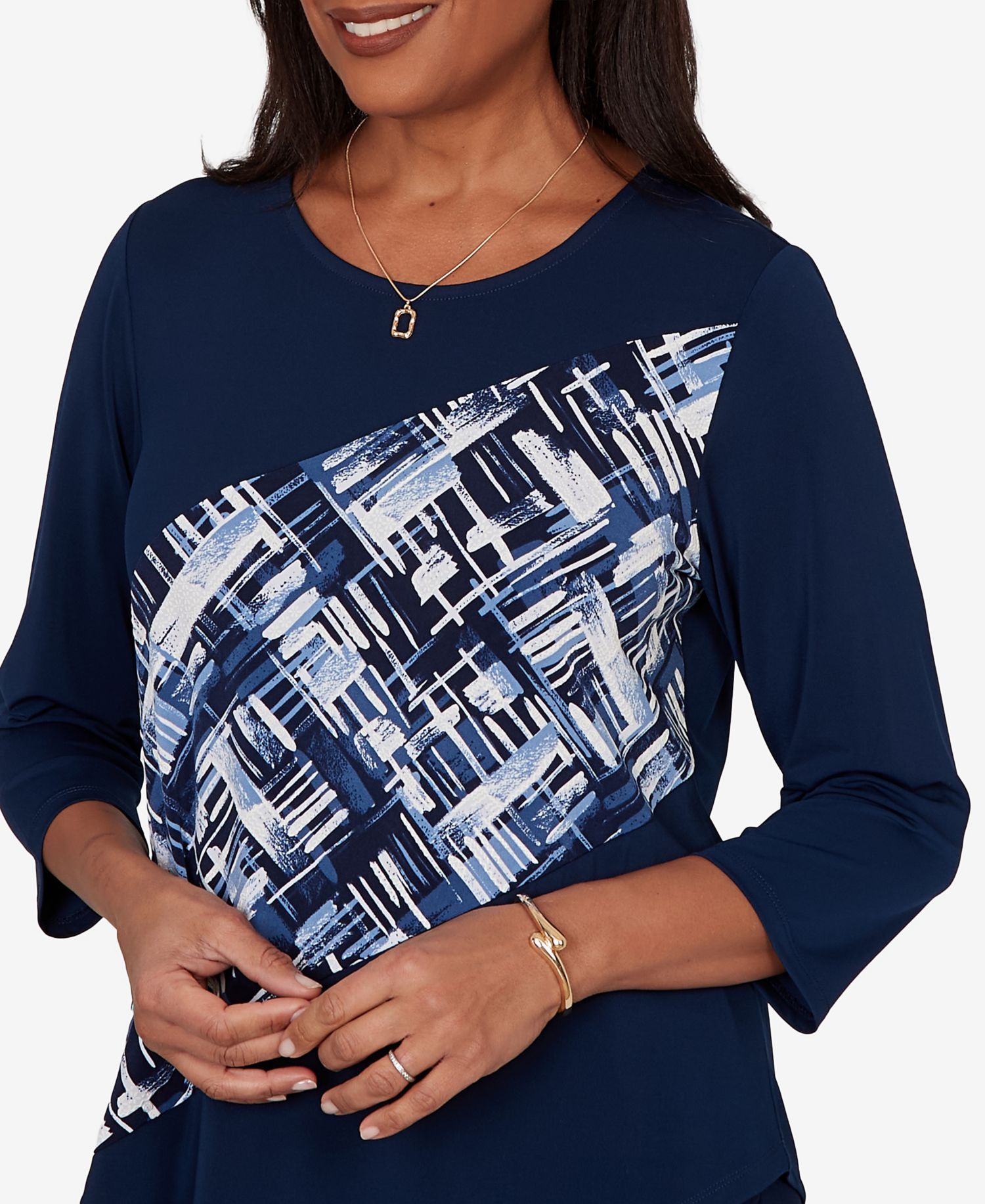 Petite Etched Plaid Diagonal Puff Printed Top