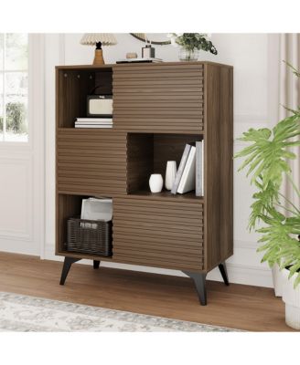 Fluted Storage Cabinet with Sliding Doors, Tall Floor Cabinet with Adjustable Shelves for Living Room, Kitchen, Entryway