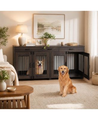 Furniture Style Dog Crate with 2 Storage Drawers and Iron Indoor Dog Kennel End Table, Heavy Duty Pet Cage for Medium Large Dogs
