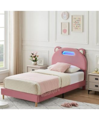Twin Upholstered Platform Led Bed Frame with LED Lights, Wooden Slats, No Box Spring Required, Noise-Free, Easy Assembly