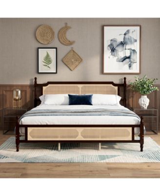 Pine wooden Bed with Rattan Headboard and Footboard, Central Enhanced Bed Platform