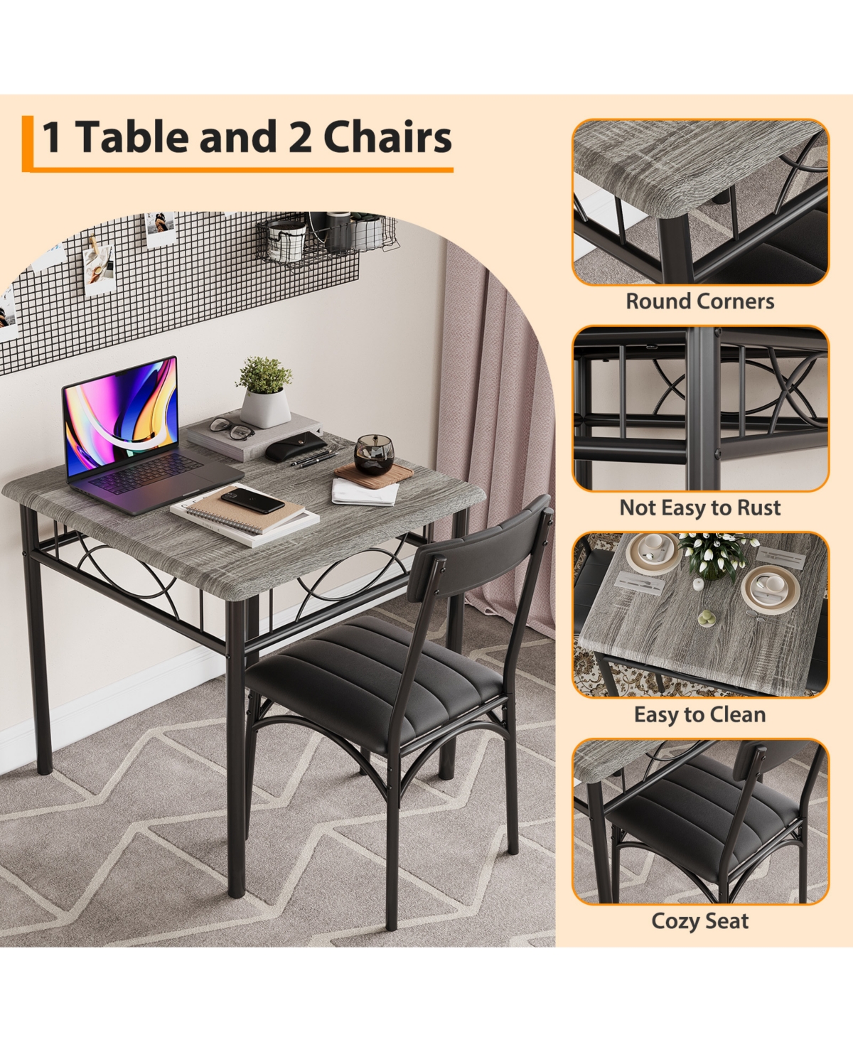 homfan 3-Piece Compact Dining Set, Pu Upholstered Chairs, Industrial Style Engineered Wood Table for Small Home Daily Use