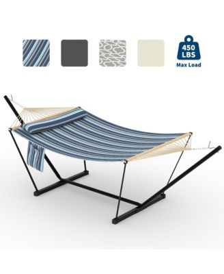 Double Hammock with Stand for Outdoor, Heavy Duty Portable 2 Person Hammock with Adjustable Steel Stand for Patio, Garden