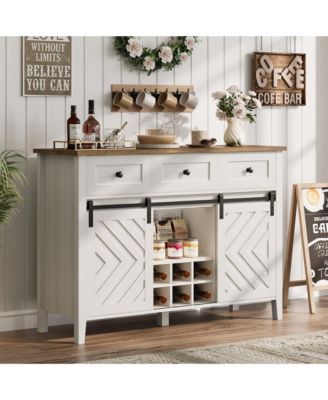 Rustic Sideboard Cabinet Sliding Barn Door, 3 Drawers, Wine Rack and Adjustable Shelf for Dining Room or Living Room