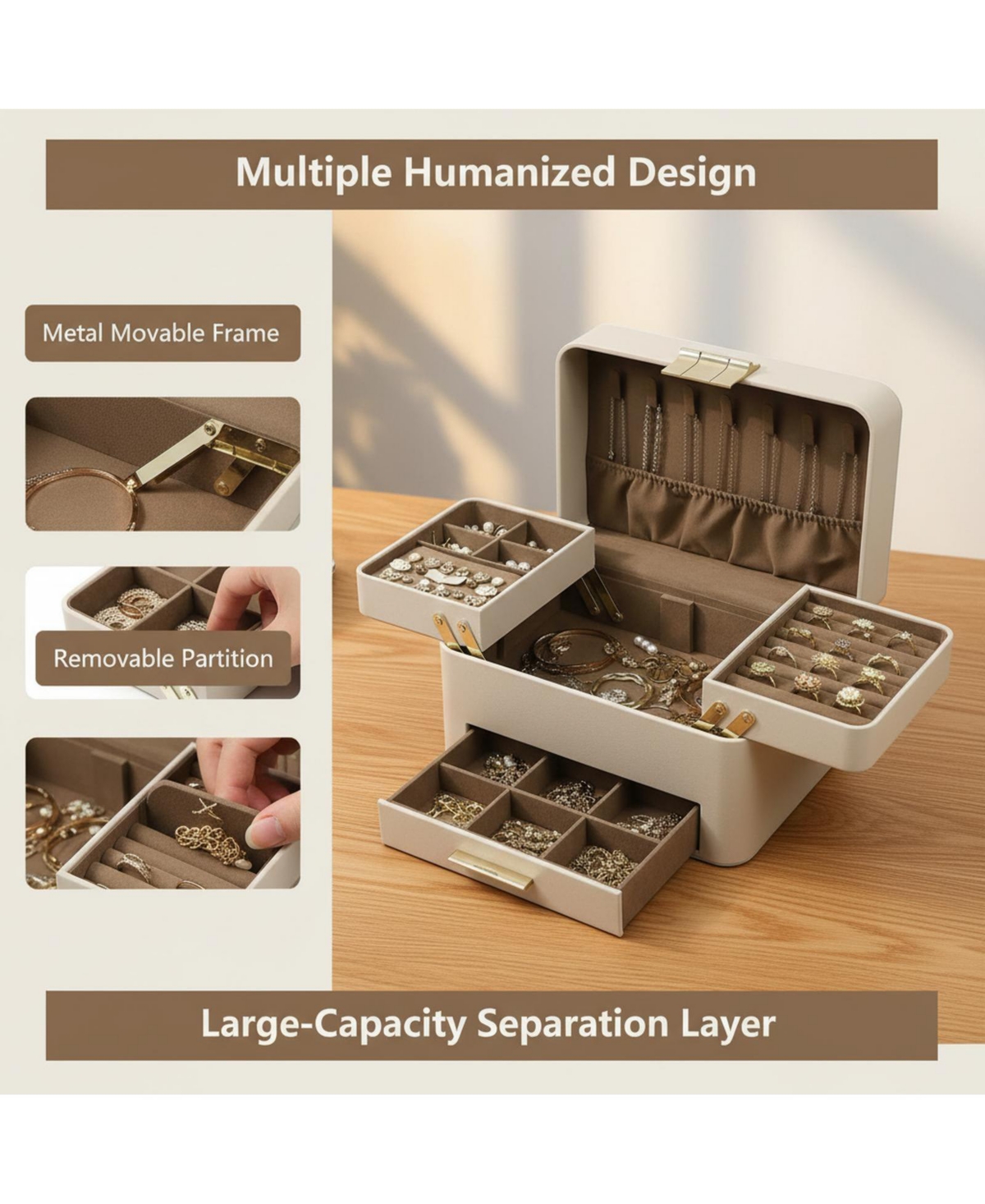 Yigii 3 Layers Jewelry Organizer Box with Drawers Pu Leather Storage for Earrings Rings Necklaces Bracelets