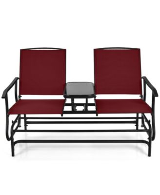 Double Rocking Patio Loveseat with Tempered Glass Table and Mesh Fabric