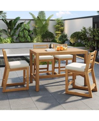 5-Piece Outdoor Bar Height Dining Set with Acacia Wood Table and 4 Cushioned Chairs