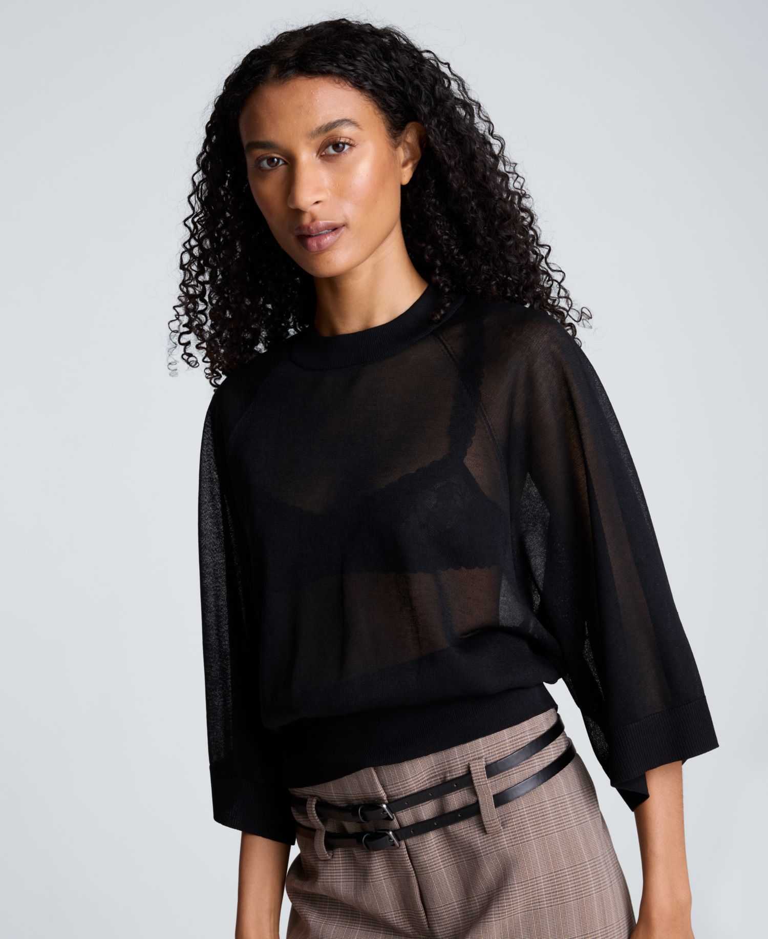 Women's Semi-Sheer Raglan Crewneck Cropped Sweater