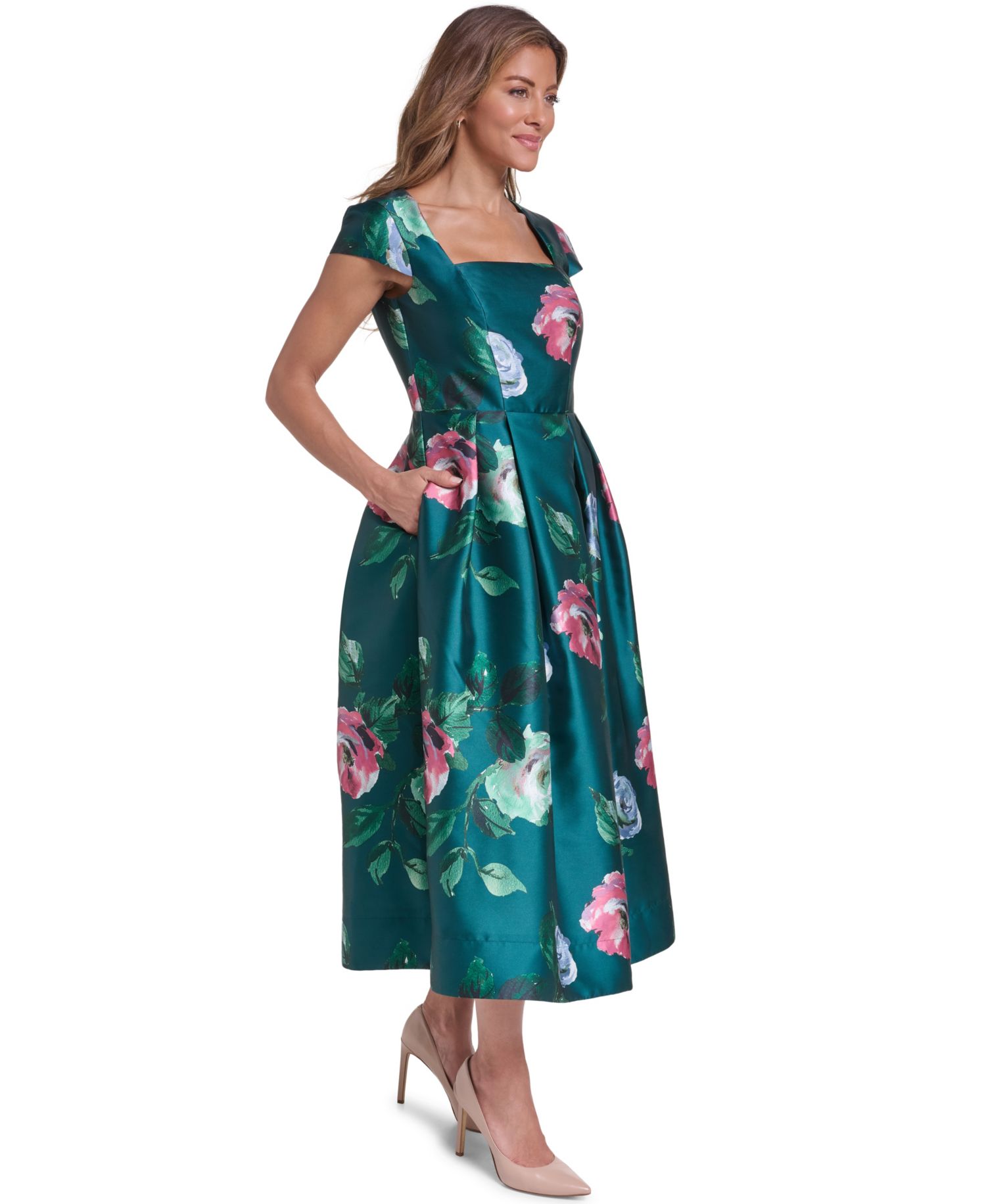 Petite Square Neck Cap-Sleeve Midi Dress