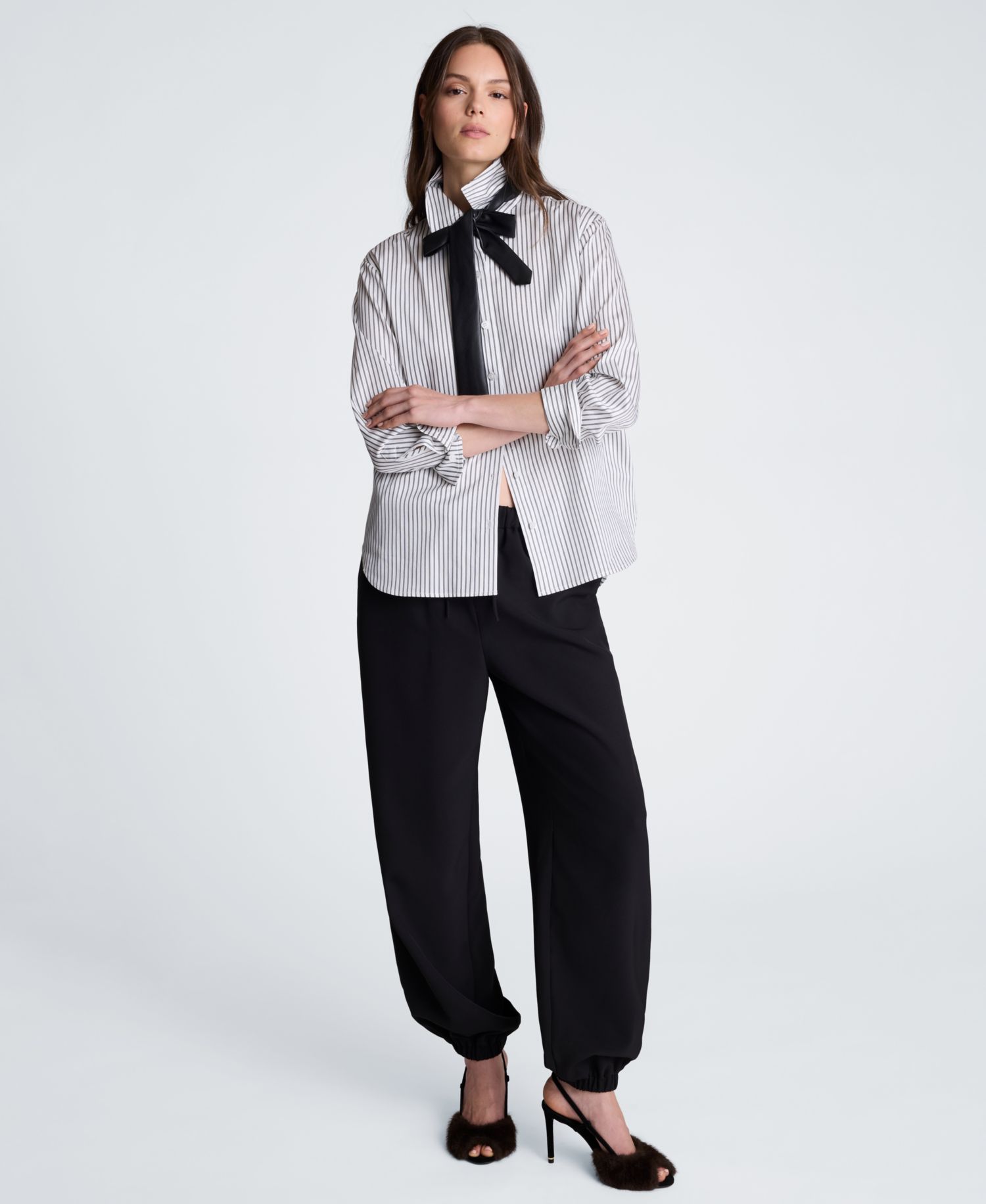 Women's Pinstripe Button Down Shirt with Faux Leather Tie