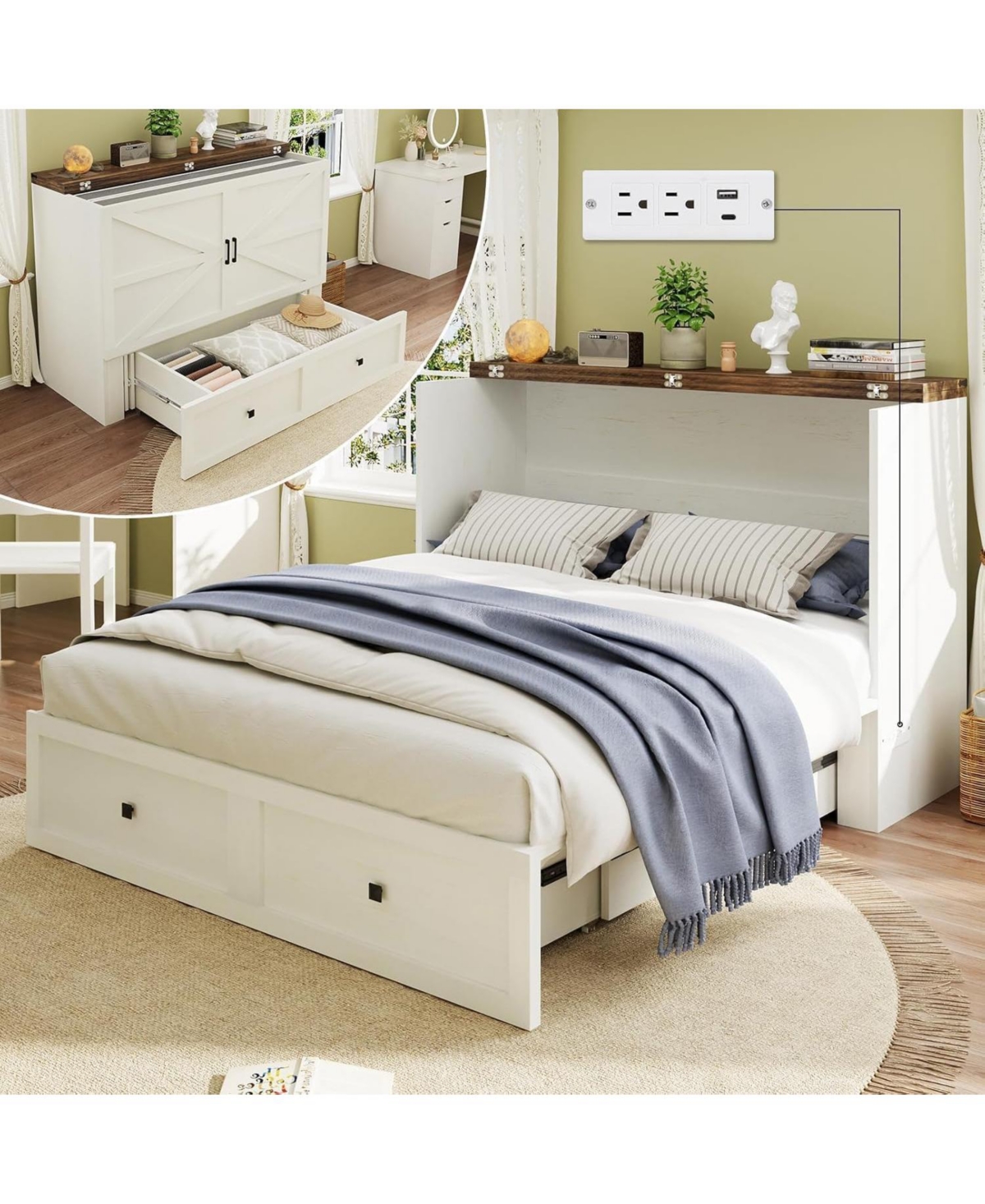 homfan Farmhouse Murphy Bed, Full Size Wood Murphy Bed Cabinet with Charging Station and 900 Lb Capacity for Living Room or Office