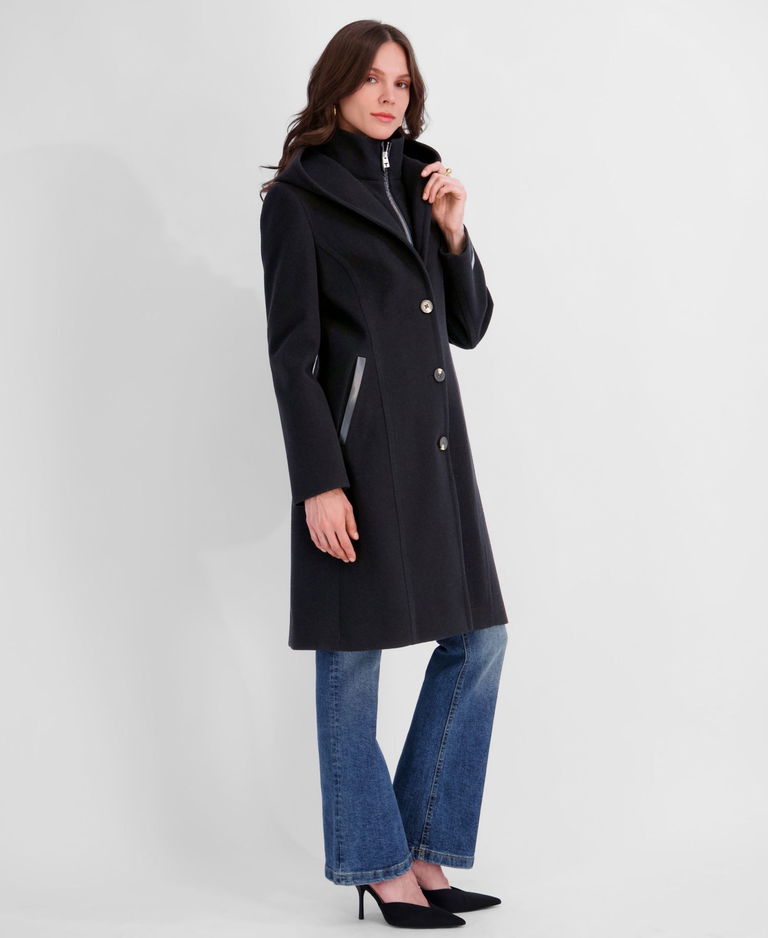 Women's Bibbed Faux-Leather Trimmed Hooded Coat