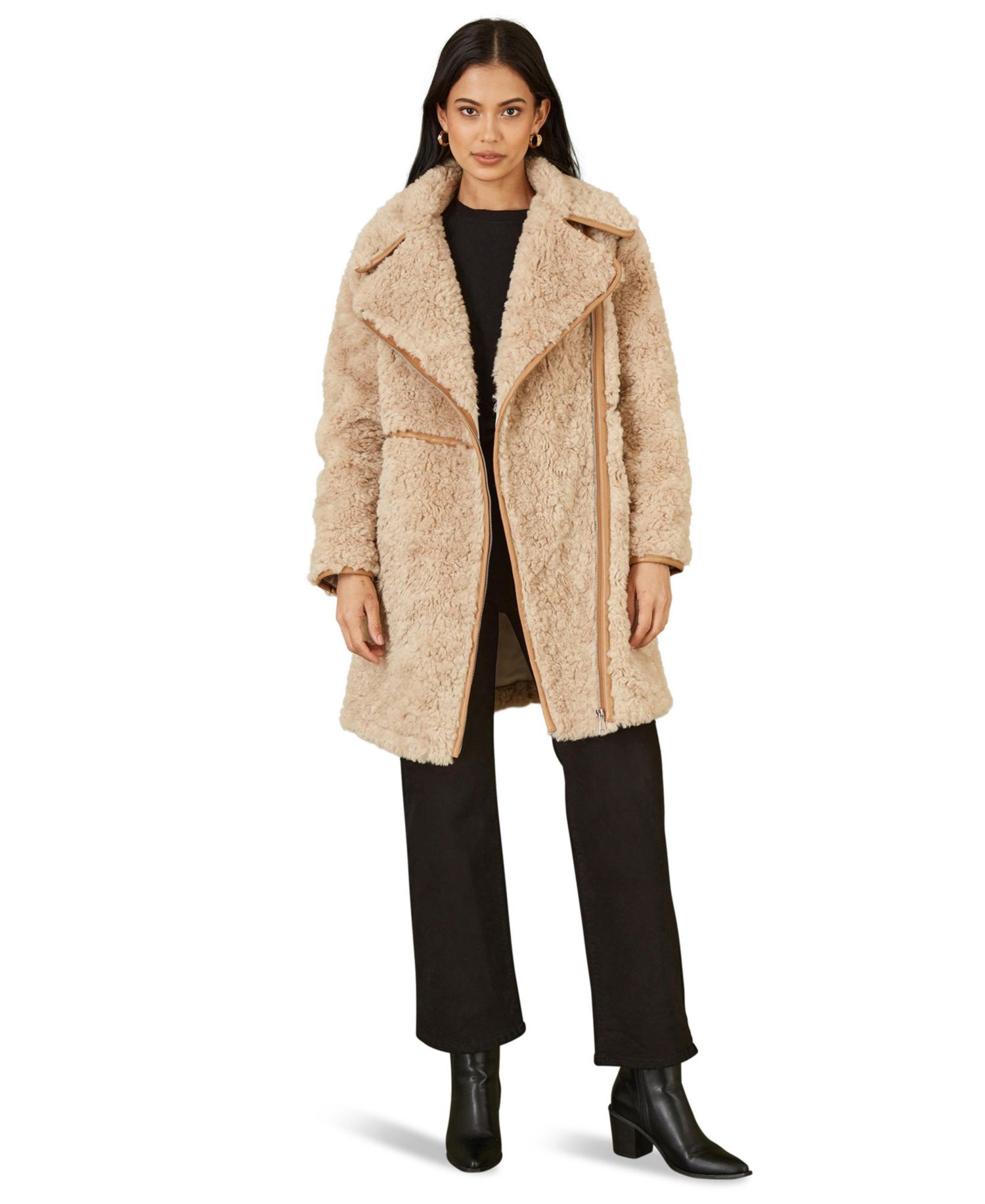 Women's Textured Borg Long Line Biker Coat