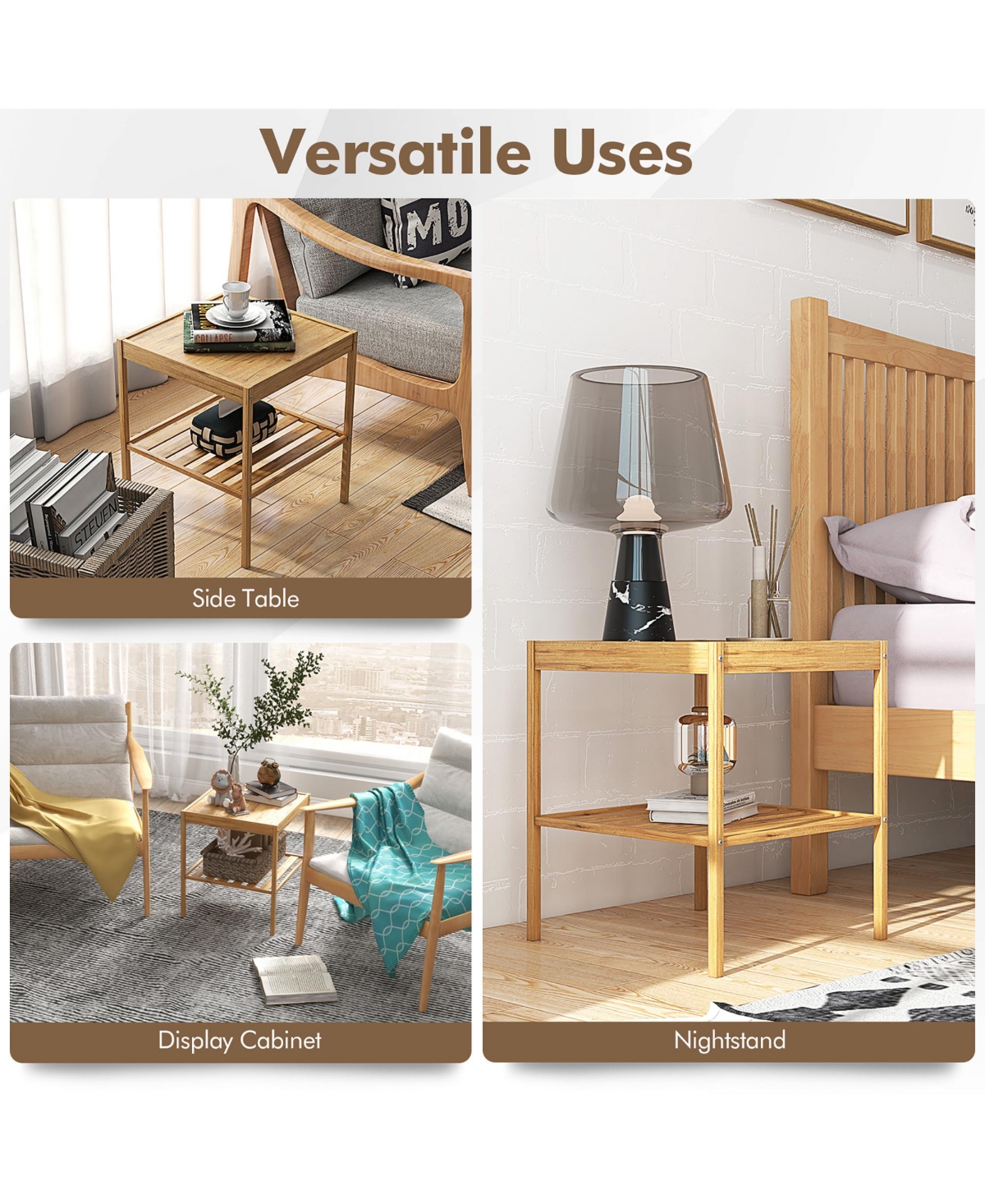 Costway 2 pieces 2-Tier Bedside End Table Bamboo Nightstand for Living Room Bedroom