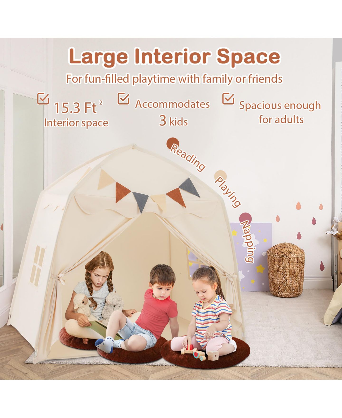 Детская игрушка Gymax Kids Play Tent With Globe String Lights and Flags, Ages 3-12, цвет: Светлый бежевый — фото 5