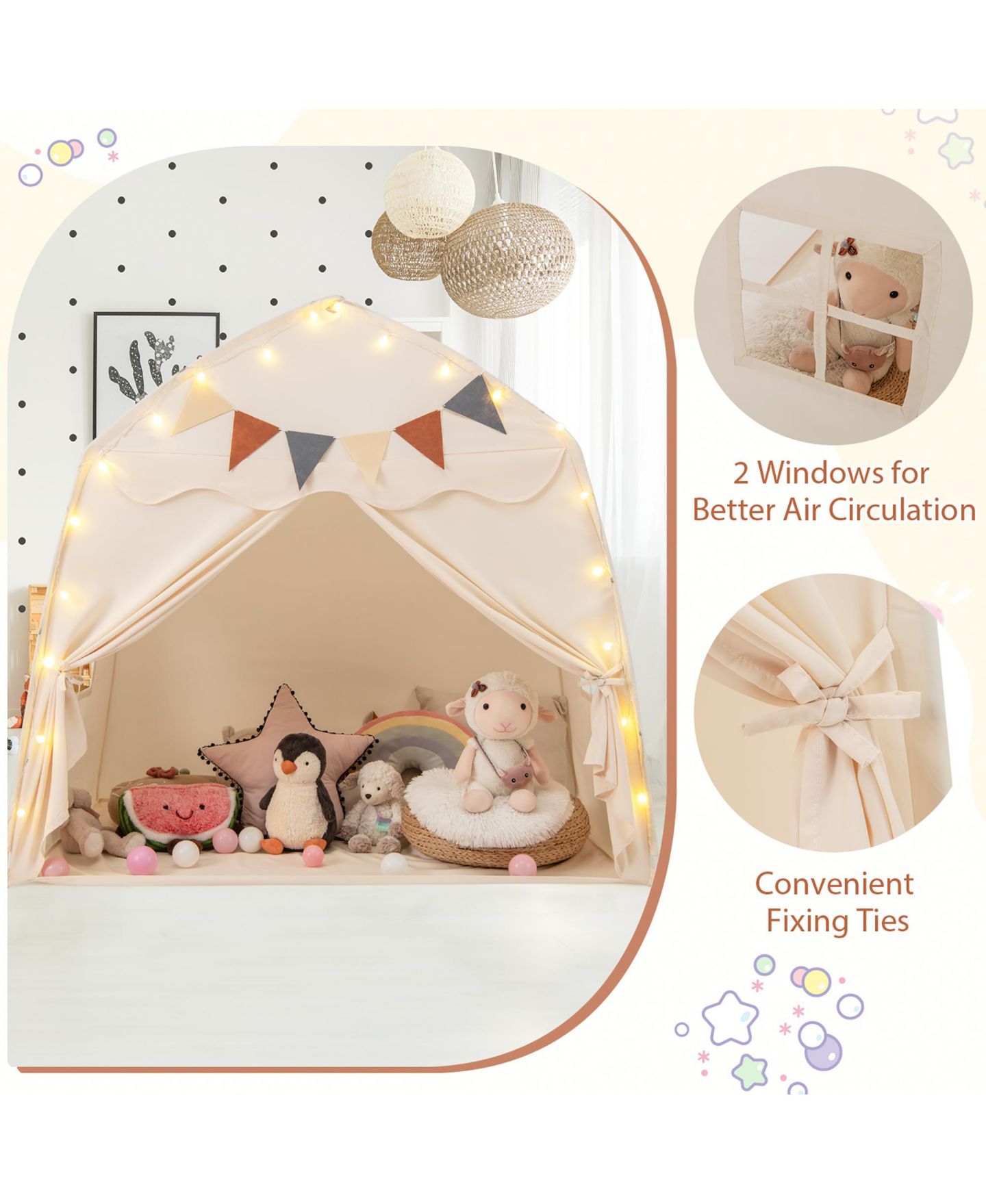 Детская игрушка Gymax Kids Play Tent With Globe String Lights and Flags, Ages 3-12, цвет: Светлый бежевый — фото 10