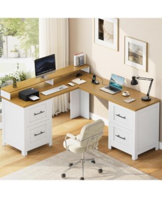 63" L-Shaped Executive Desk with 4 File Drawers and Power Outlet - Corner Computer Desk with Monitor Stand, Home Office Desk