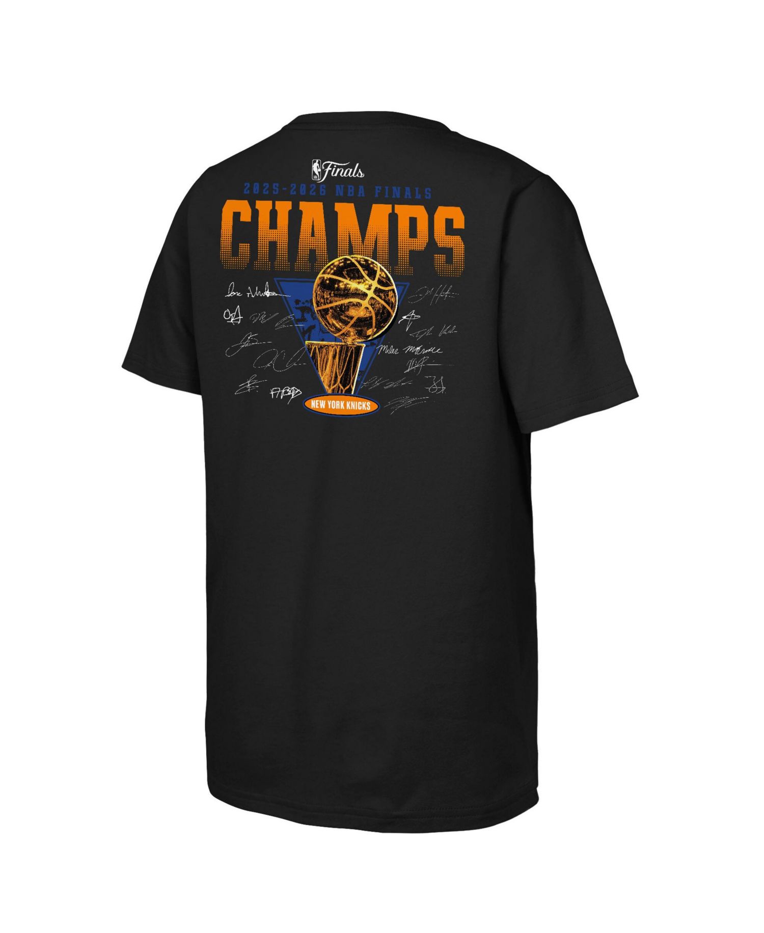 Big Boys and Girls Black New York Knicks 2026 NBA Finals Champions Trophy Signature Roster T-Shirt