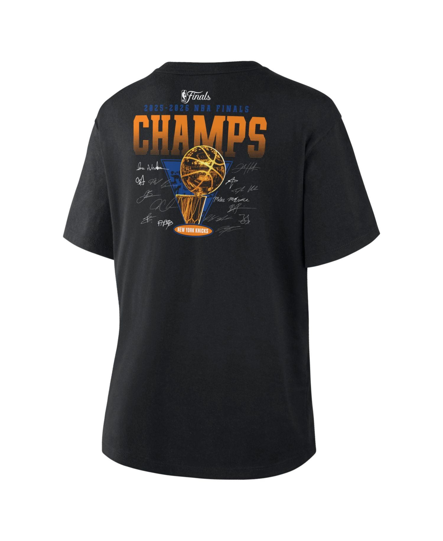Women's Black New York Knicks 2026 NBA Finals Champions Roster Trophy T-Shirt