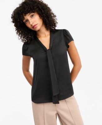 Women's Satin Tie-Neck Flutter-Sleeve Short-Sleeve Blouse
