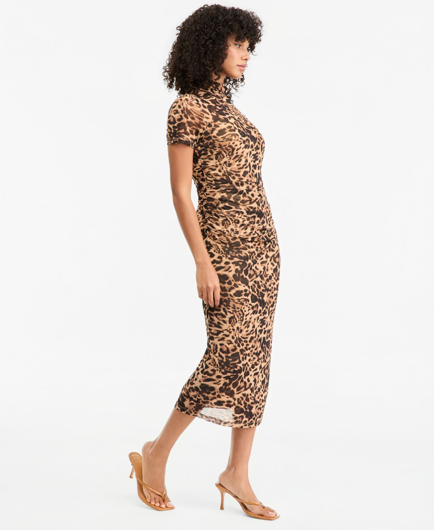 Women's Mock Neck Short-Sleeve Triple Mesh Midi Dress