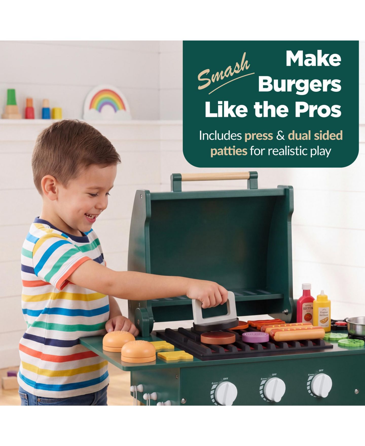 Детский игровой набор Best Choice Products Wooden BBQ Grill 28-Piece Playset, Ages 3+, цвет: Зелёный — фото 5