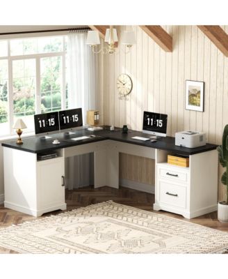 Corner L-Shape Desk with Charging Station and File Cabinet