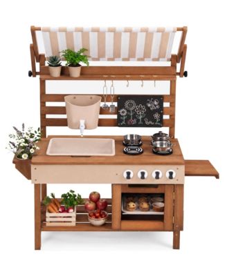 Deluxe Wooden Outdoor Mud Kitchen for Kids with Canopy, Water Tank, Faucet and 11pc Accessories