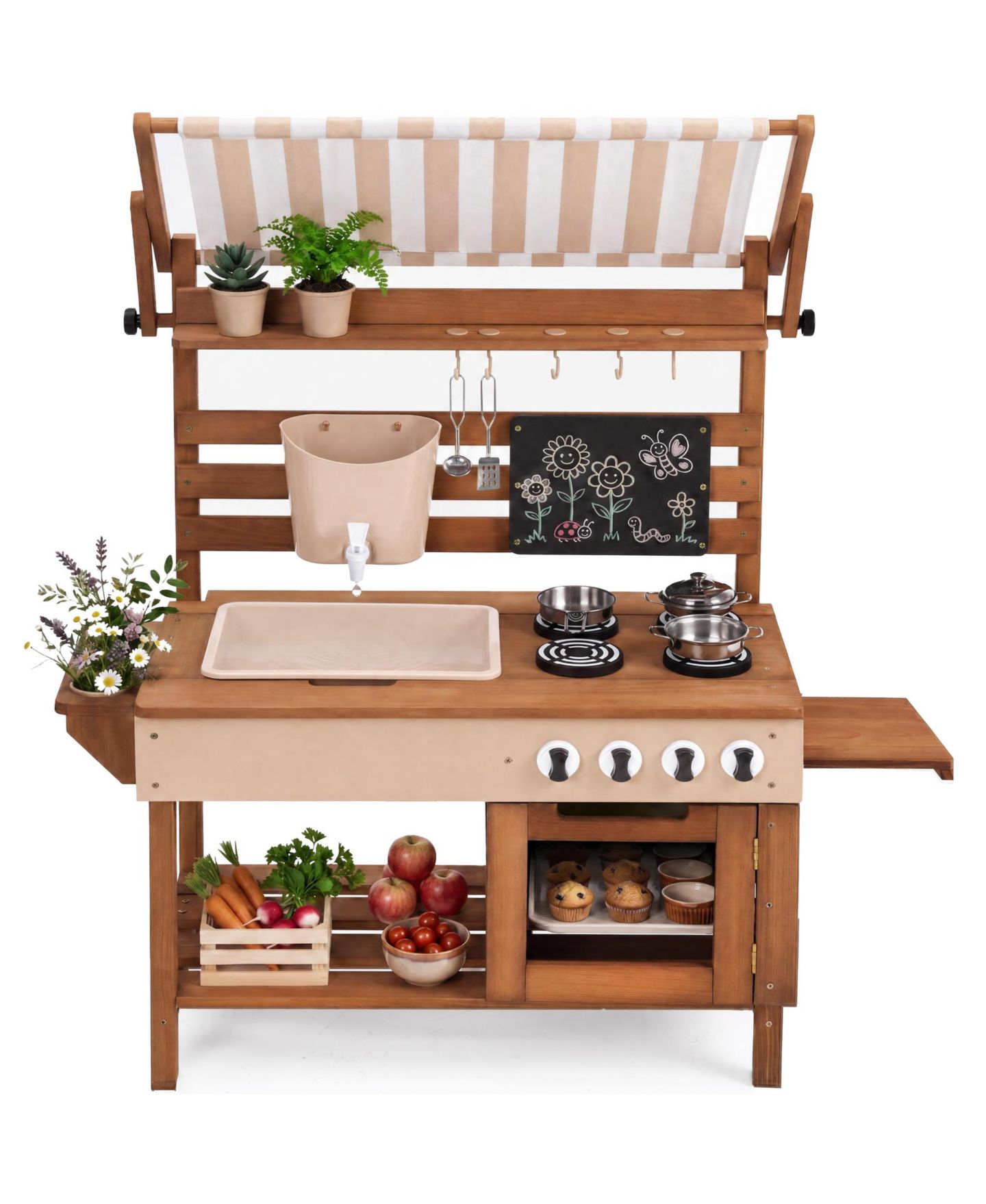 Детские игрушки Best Choice Products Deluxe Wooden Outdoor Mud Kitchen for Kids with Canopy, Water Tank, Faucet and 11pc Accessories, цвет: Бежевый — фото 1
