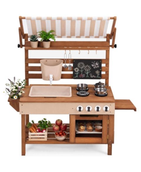 Детские игрушки Best Choice Products Deluxe Wooden Outdoor Mud Kitchen for Kids with Canopy, Water Tank, Faucet and 11pc Accessories, цвет: Бежевый