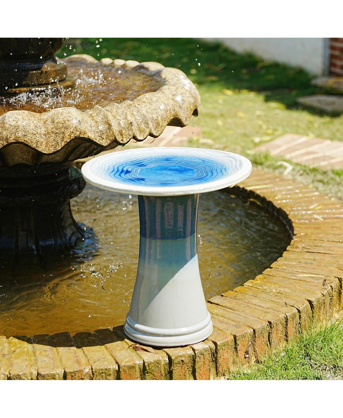 Streamdale Furniture 17'' Ceramic Pedestal Bird Bath with Swirl Pattern Blue Ombre