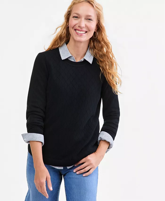 Petite Solid Curved Hem Crew Long-Sleeve Mixed-Textured Stitch Sweater - thumbnail 4