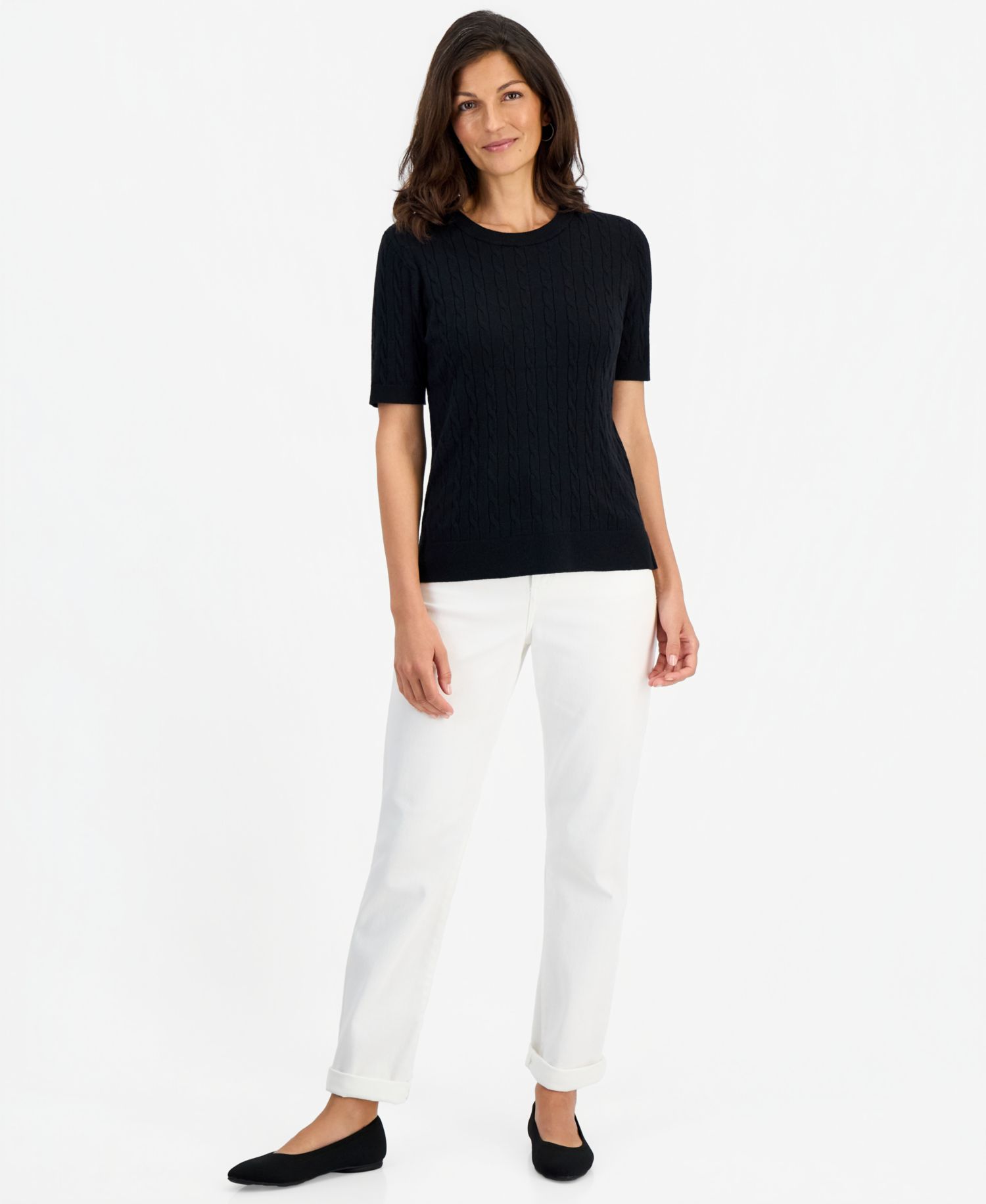 Petite Cable-Knit Short-Sleeve Sweater