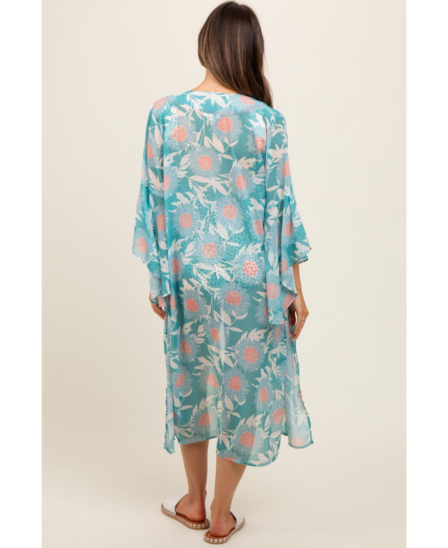 Women's Teal Floral Bell Sleeve Cover-Up