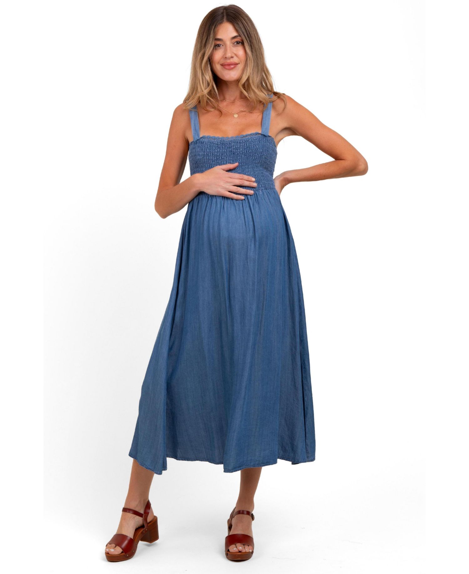 Women's Blue Smocked Chambray Tie Back Cutout Midi Dress