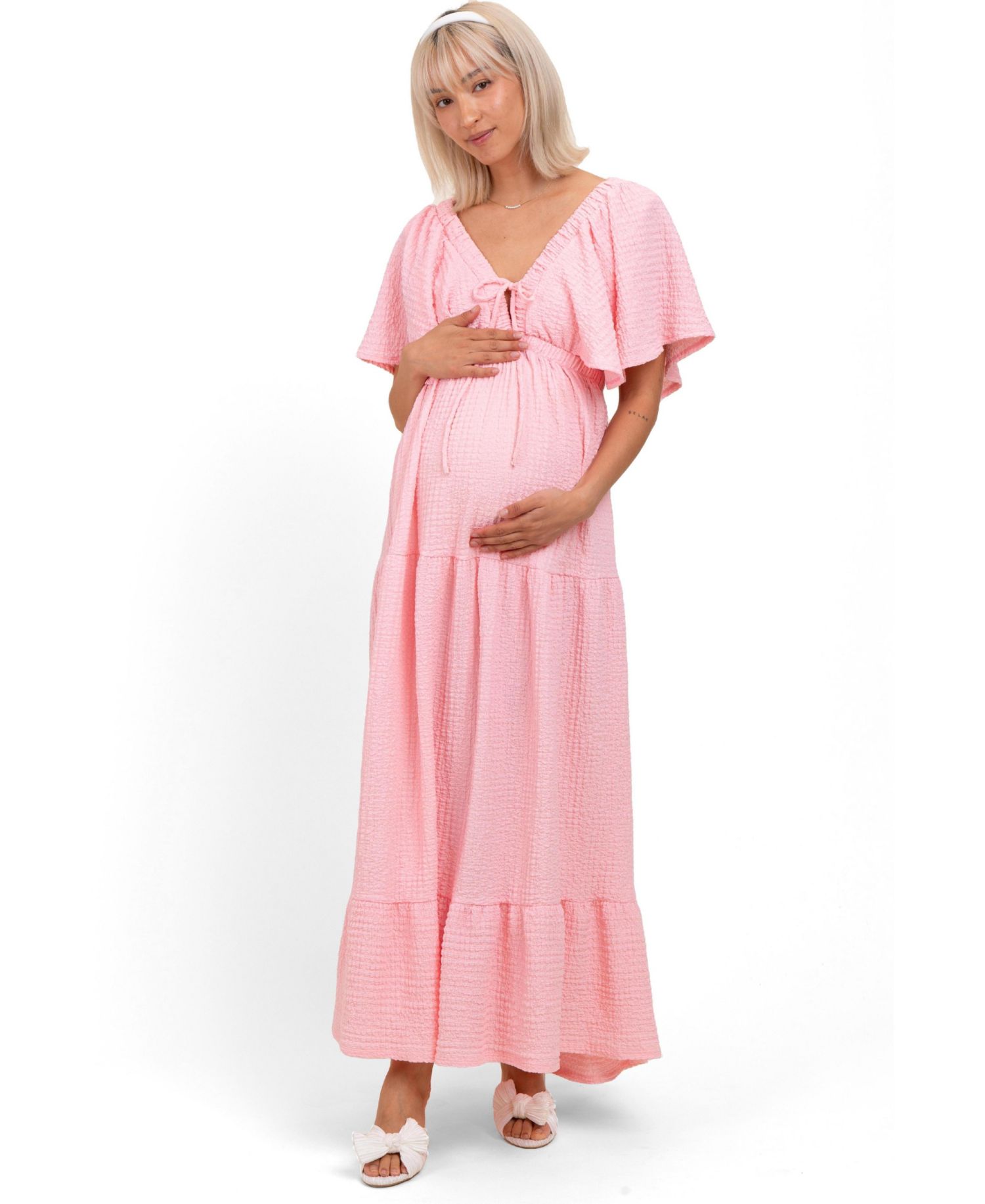 Women's Light Pink Woven Textured Flutter Sleeve V-Neck Tiered Maxi Dress