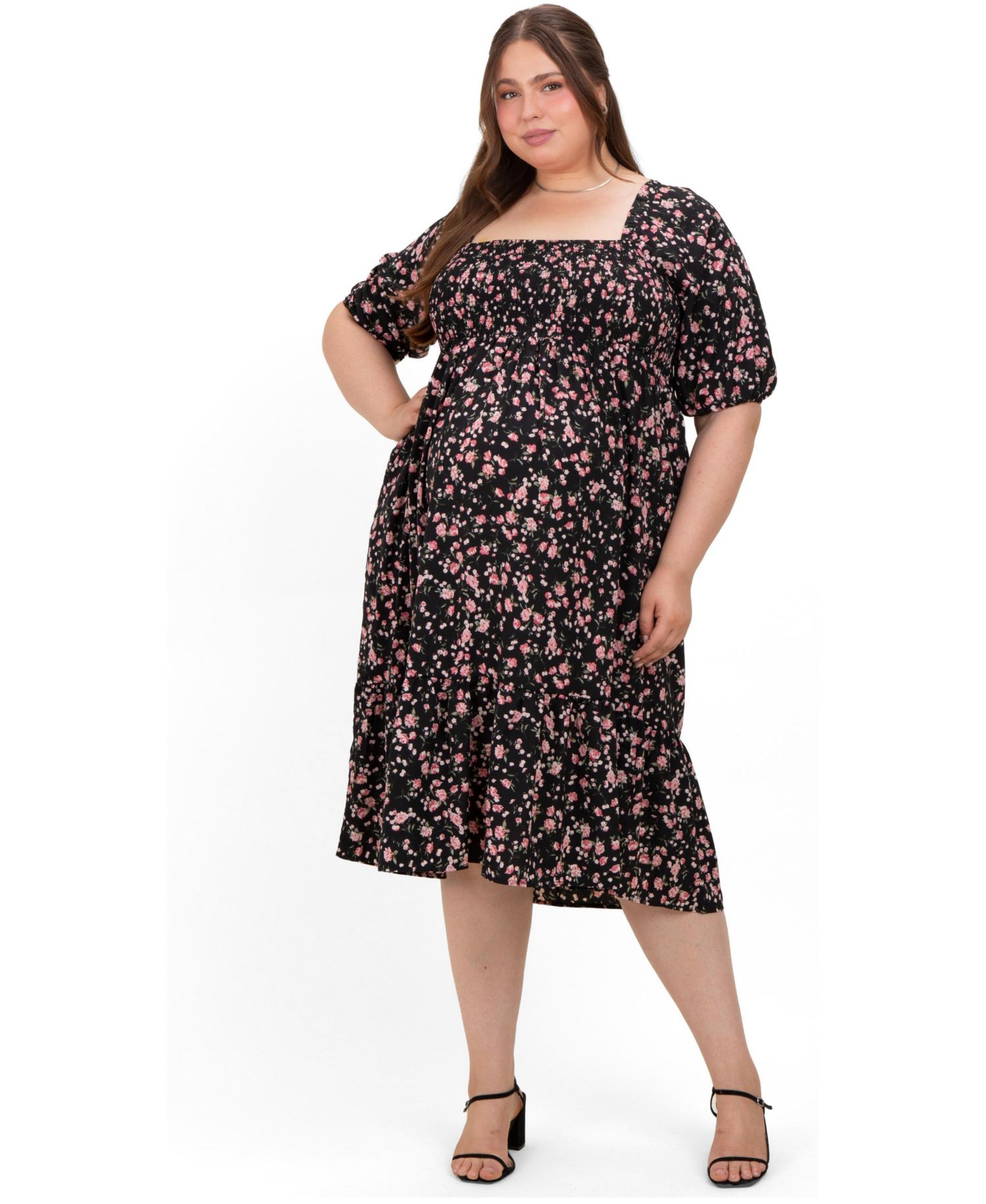 Plus Size Cream Floral Smocked Midi Dress