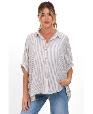 Maternity Brown Striped Boxy Button Down Top