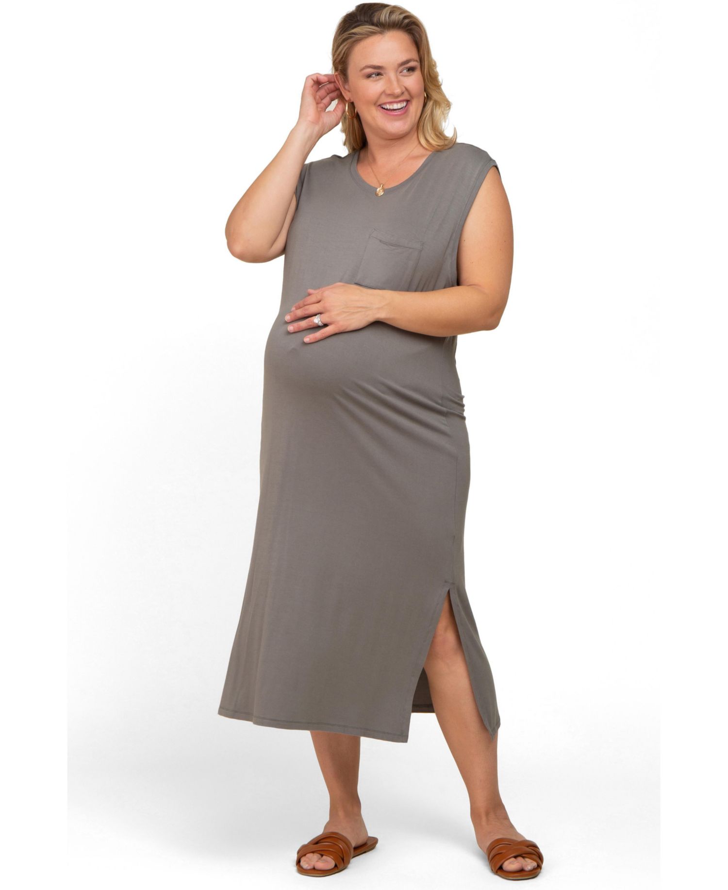 Women's Maternity Sleeveless Front Pocket Plus Midi Dress