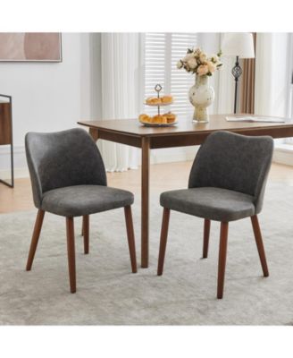 Set of 2 Linen Upholstered Dining Chairs, Wing Back Kitchen Seating with Solid Wood Legs