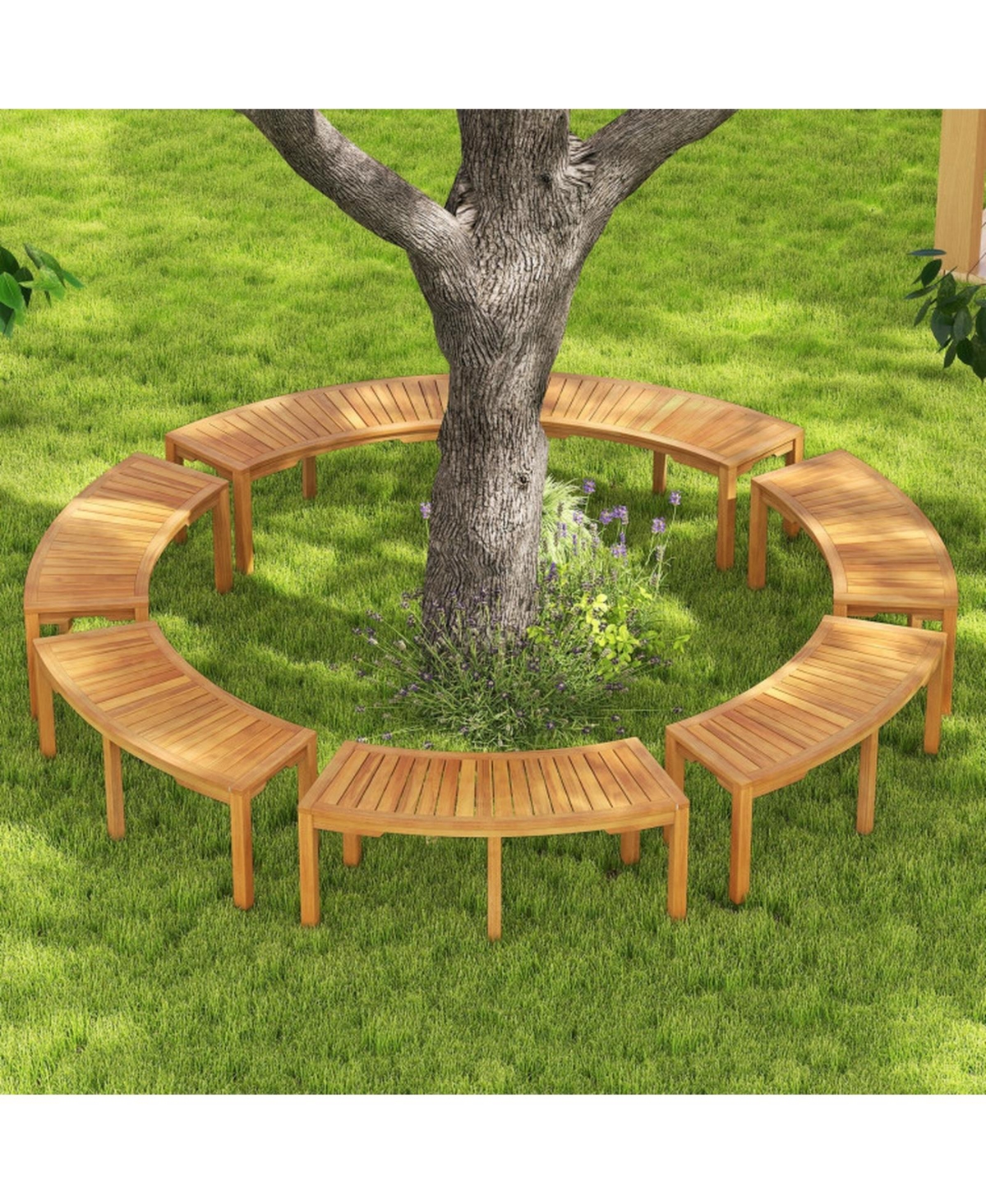 Sugift Set of 7 Outdoor Acacia Wood Curved Garden Bench 2-Person