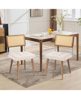 Rattan Dining Chairs Set of 2, - Linen Upholstered with Woven Cane Back and Wooden Legs, Farmhouse Armless Seat for Kitchen and Restaurant