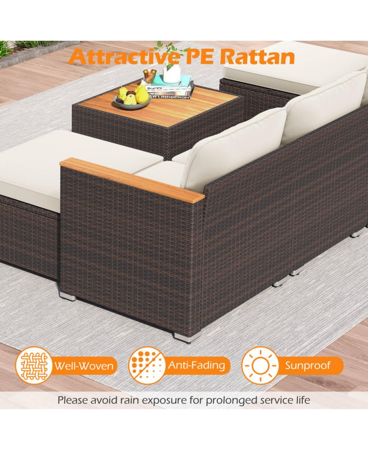 Gouun 7-Piece Wicker Patio Sectional with Acacia Wood Armrests and Ottoman