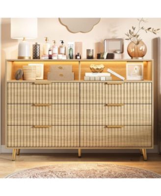6 Drawers Dresser for Bedroom, 53.9" Wide Dressers with LED Lights and Charging Station, Curved Profile Design